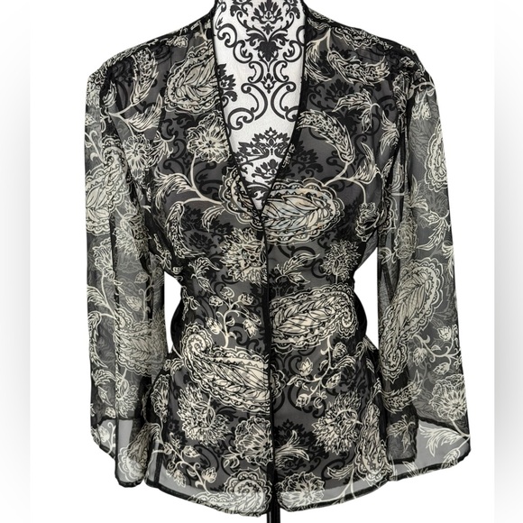 Cato Black Sheer Floral Tie Waist Chiffon Blouse Top Size L - Picture 3 of 11